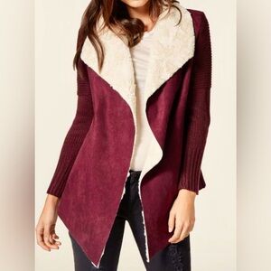 Just Fab Faux Suede Sweater Cardigan Maroon Burgundy Size XL